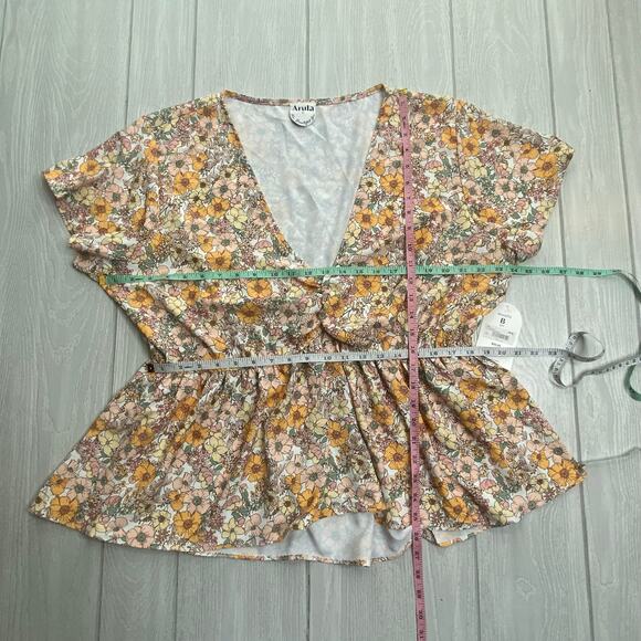 Arula Women's Ivory Yellow Peach Floral V Neckline Peplum Blouse Size 2X - Picture 5 of 8
